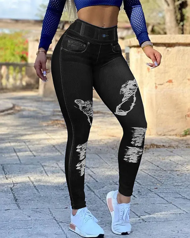 מכנסי טייץ גבוהים מדמוי ג'ינס בגזרה גבוהה